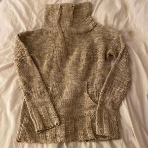 Cowl neck knit sweater with drawstrings